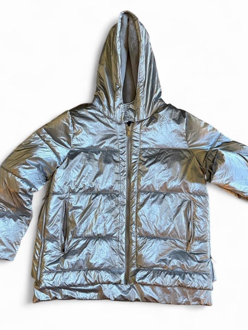 New York & Company Metallic Silver Hooded Puffer Jacket